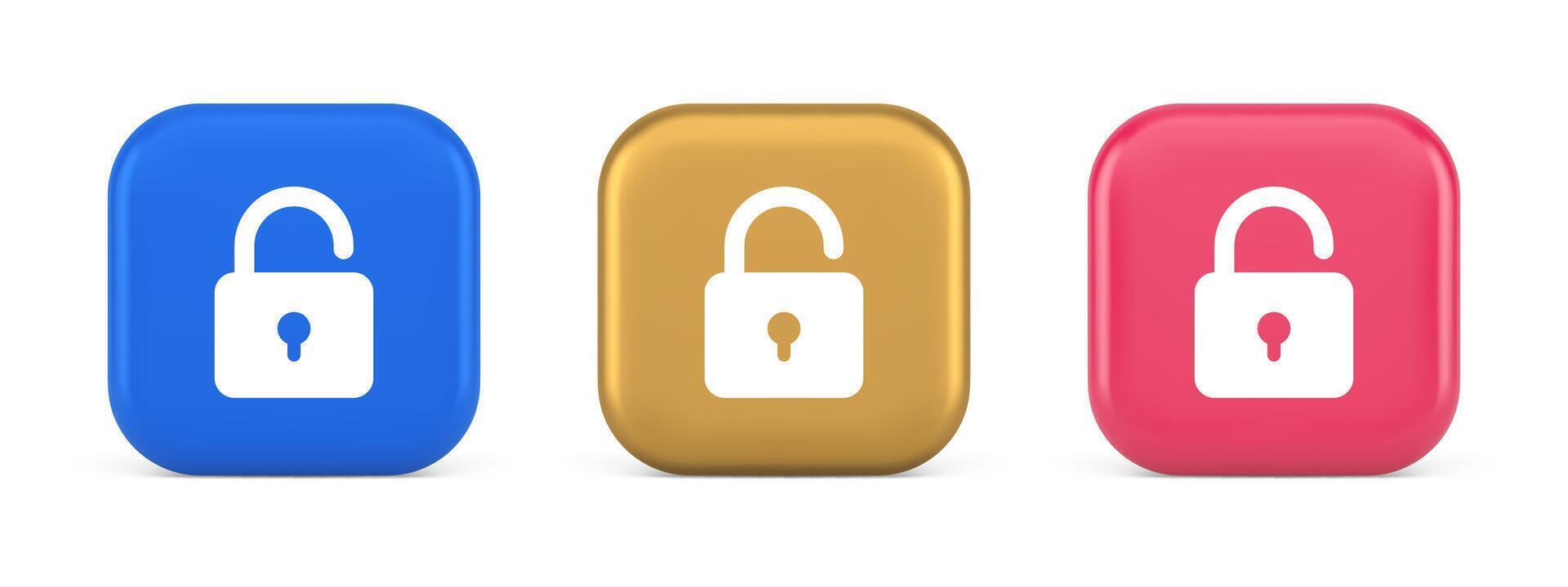 Open lock button cyberspace password security protection service 3d realistic icon vector