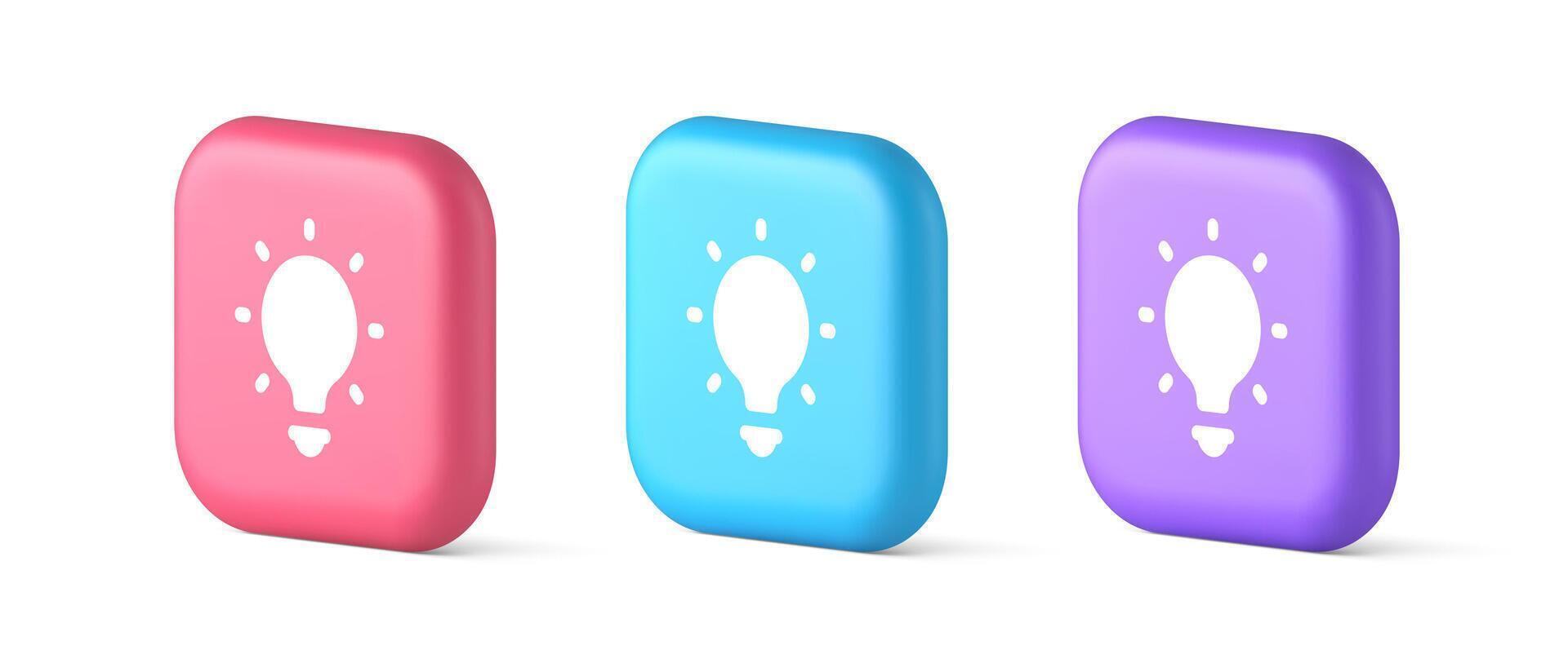 Light bulb illuminated innovation idea button brainstorming creative solution 3d icon vector