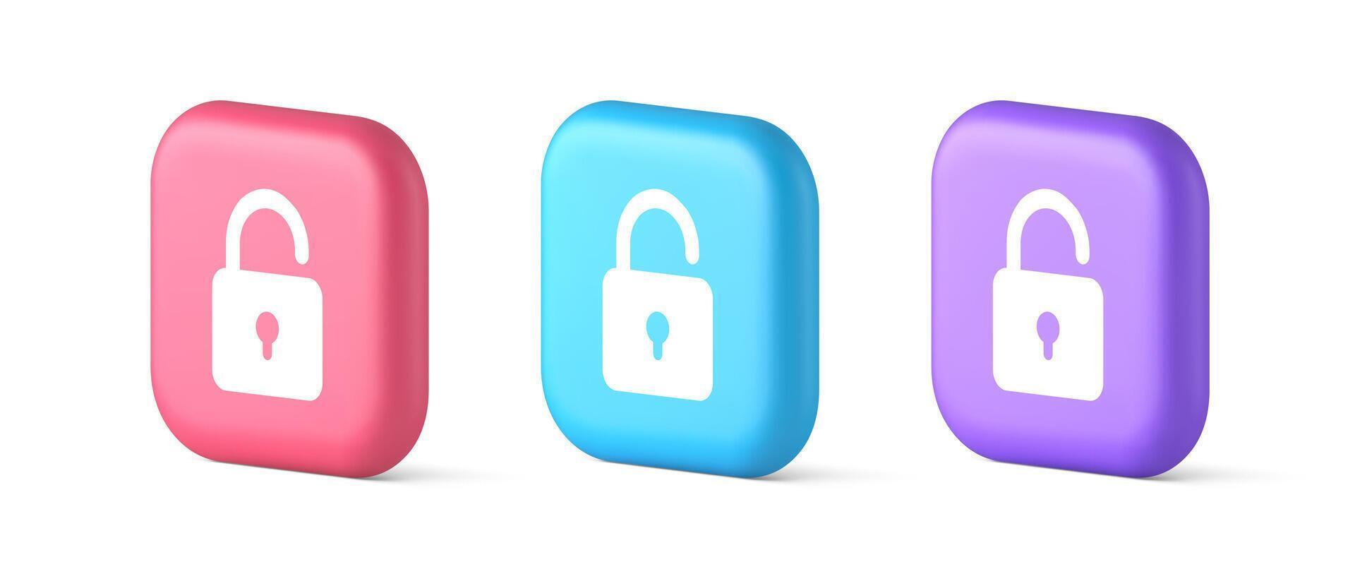 Open lock button cyberspace password security protection service 3d realistic icon vector