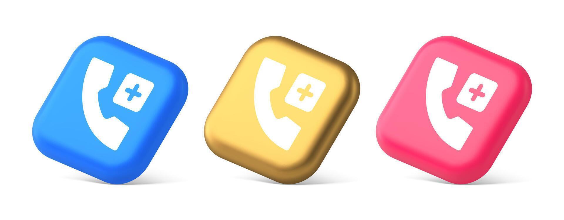 Call phone add emergency hotline service squared button 3d realistic isometric icon vector