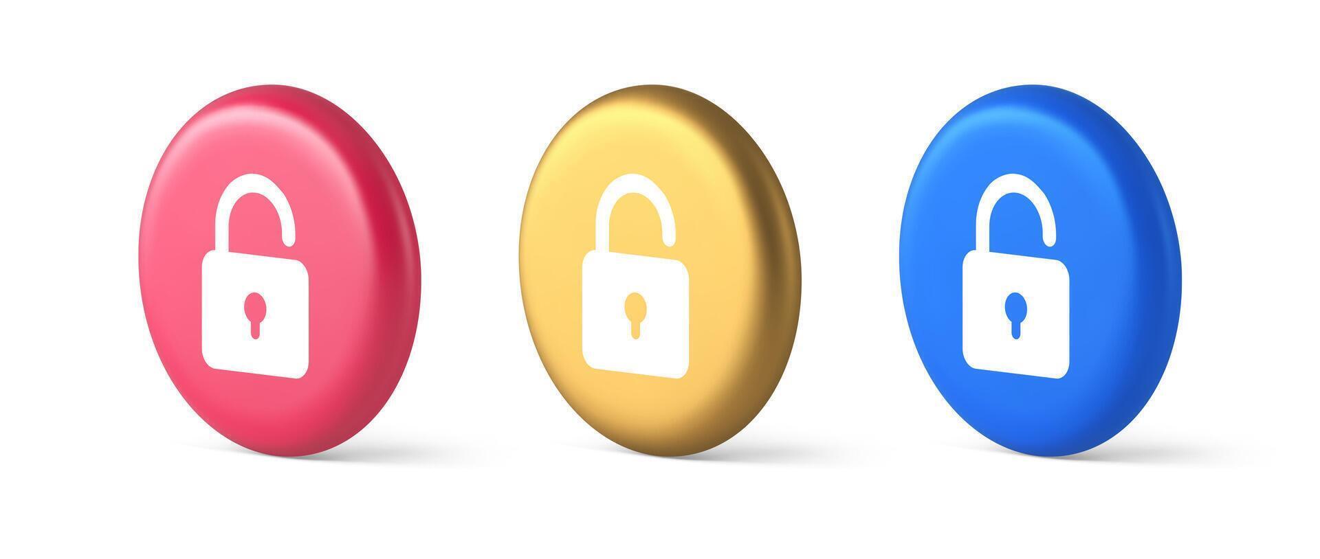 Open lock button cyberspace password security protection service 3d realistic isometric circle icon vector