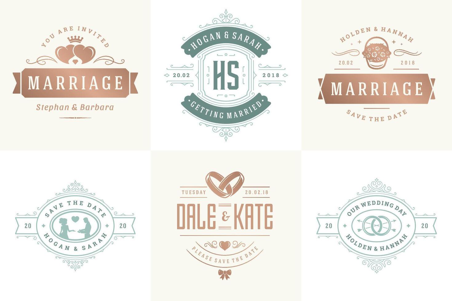 Wedding invitations save the date logos and badges elegant templates set vector