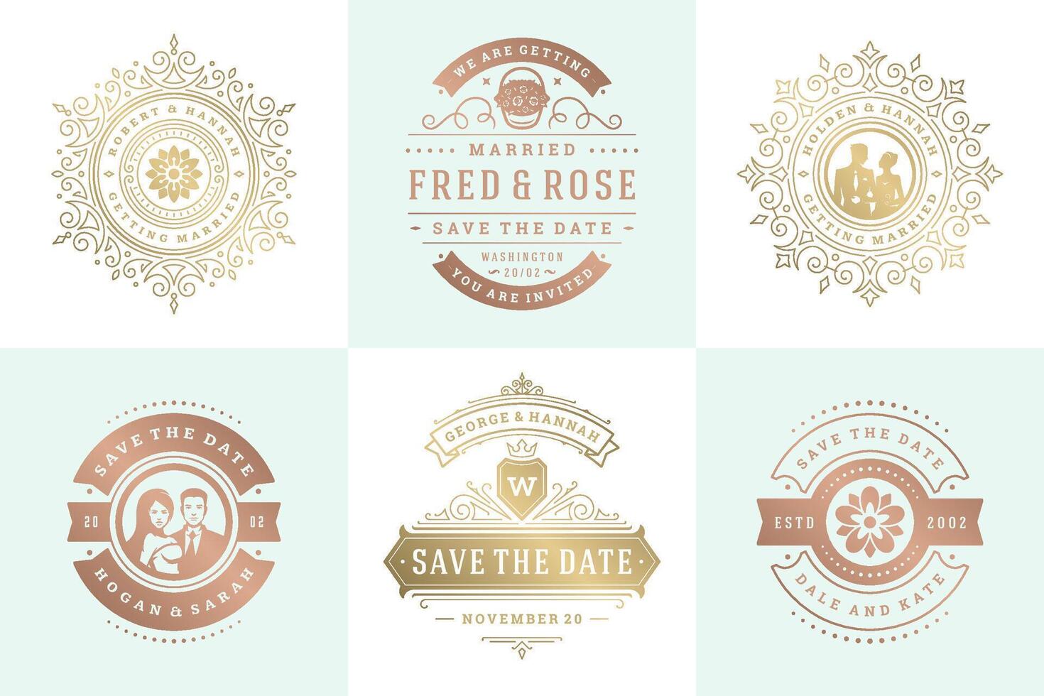 Wedding invitations save the date logos and badges elegant templates set vector