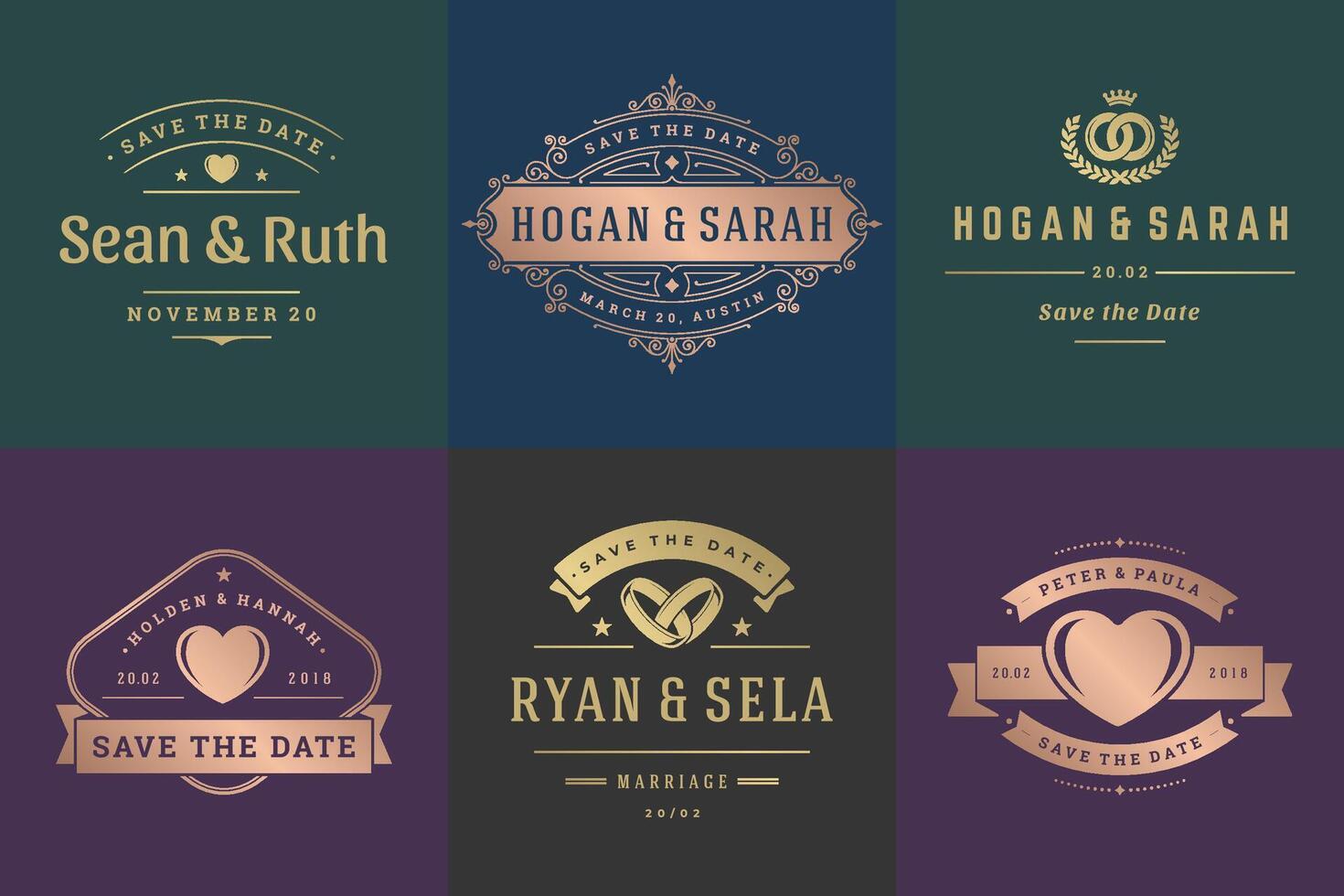 Wedding invitations save the date logos and badges elegant templates set vector