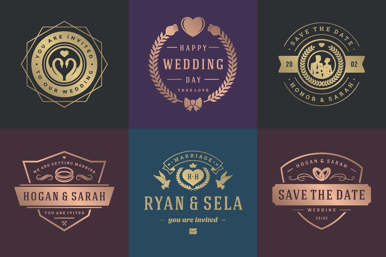 Wedding invitations save the date logos and badges elegant templates set vector