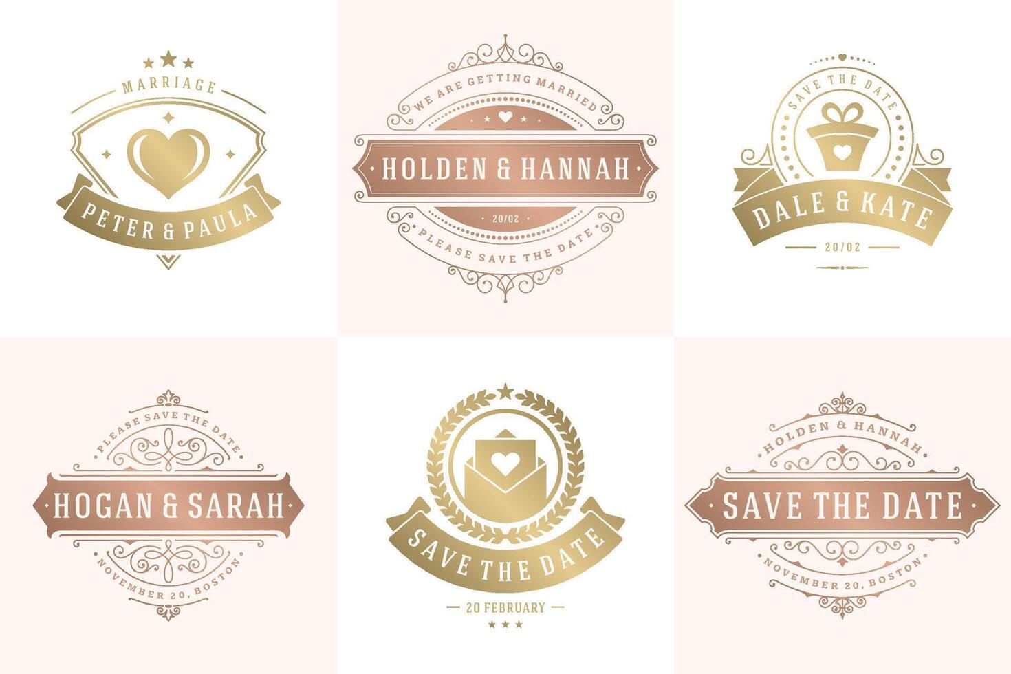 Wedding invitations save the date logos and badges elegant templates set vector
