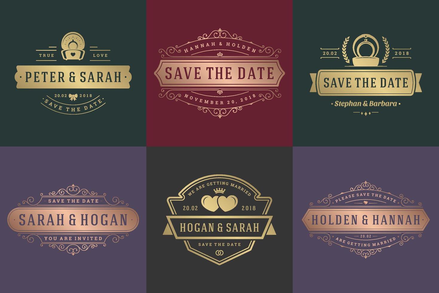 Wedding invitations save the date logos and badges elegant templates set vector