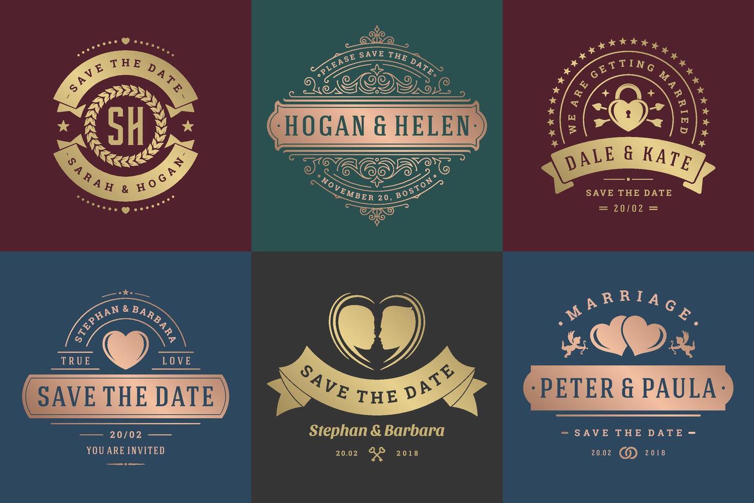 Wedding invitations save the date logos and badges elegant templates set vector