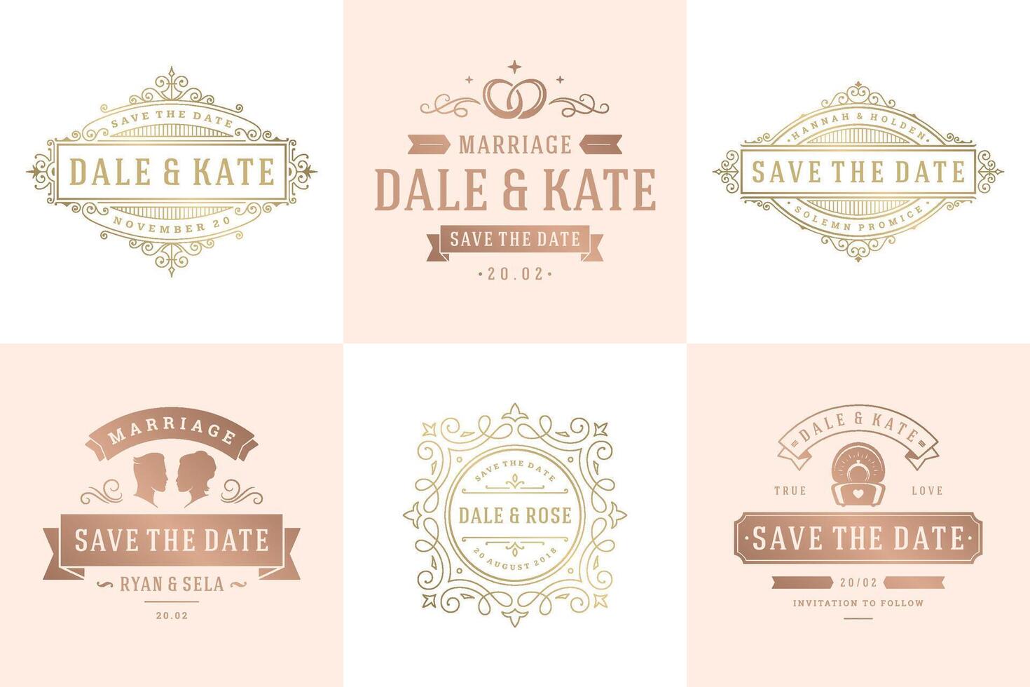 Wedding invitations save the date logos and badges elegant templates set vector