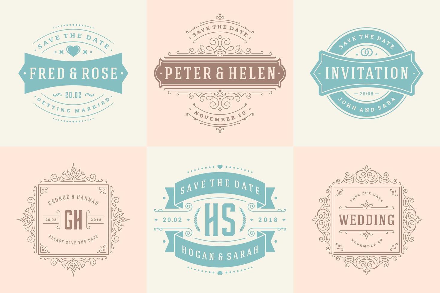 Wedding invitations save the date logos and badges elegant templates set vector