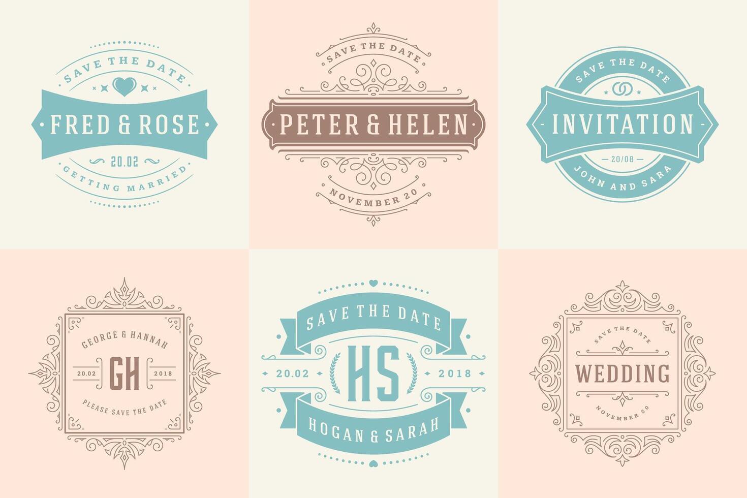 Wedding invitations save the date logos and badges elegant templates set vector