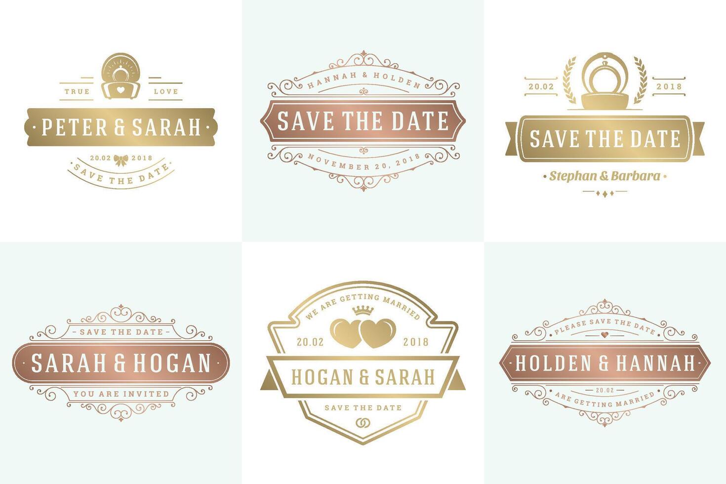 Wedding invitations save the date logos and badges elegant templates set vector
