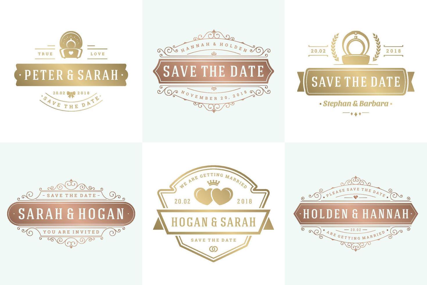 Boda invitaciones salvar el fecha logos y insignias elegante plantillas conjunto vector