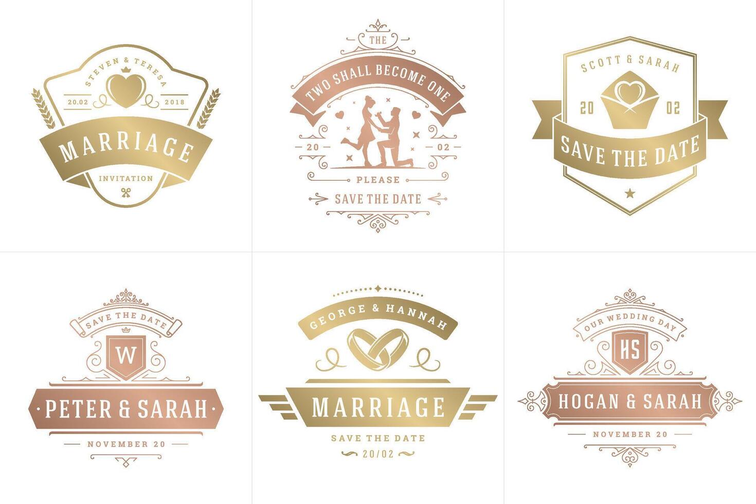 Wedding invitations save the date logos and badges elegant templates set vector