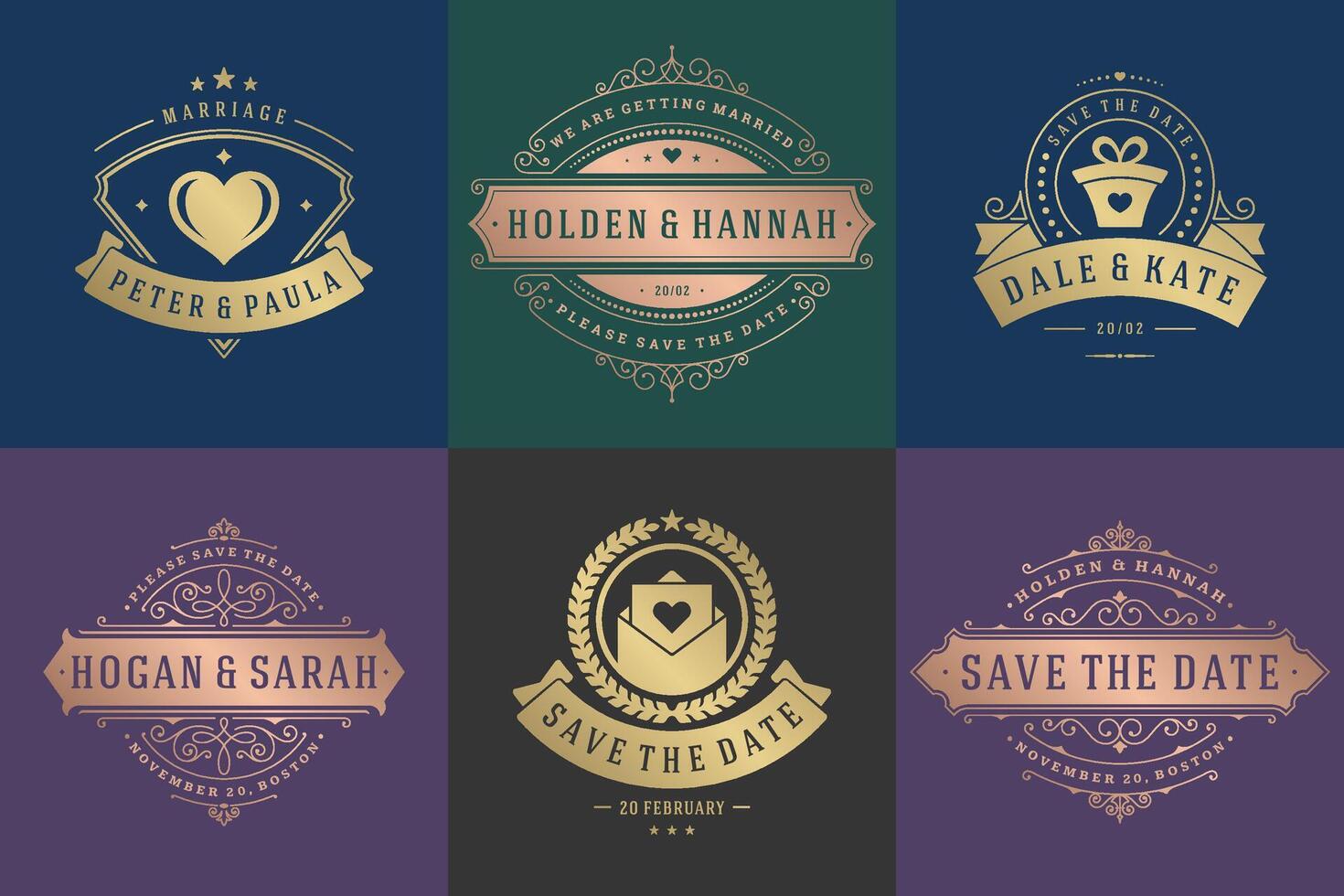 Wedding invitations save the date logos and badges elegant templates set vector