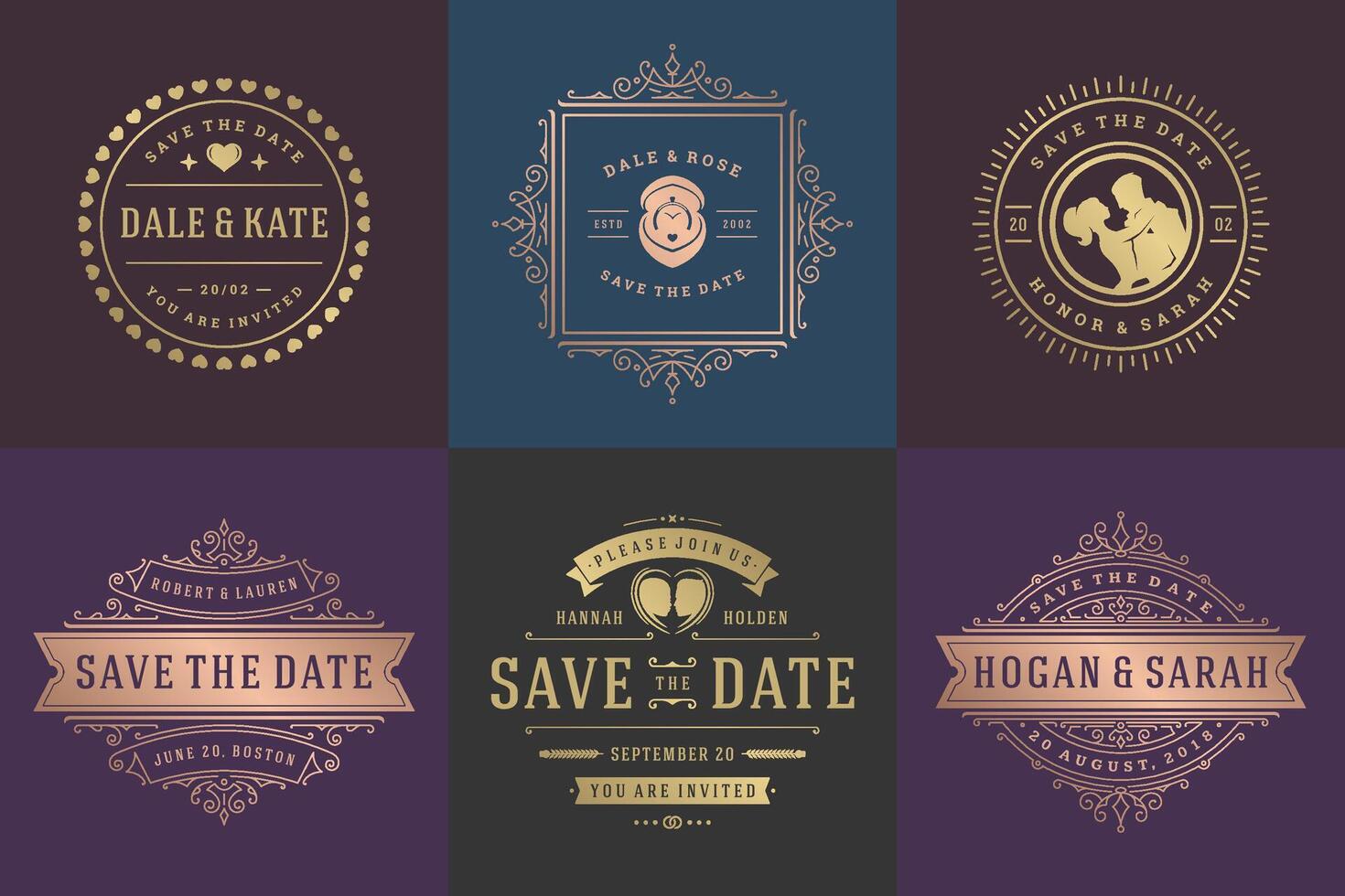 Wedding invitations save the date logos and badges elegant templates set vector