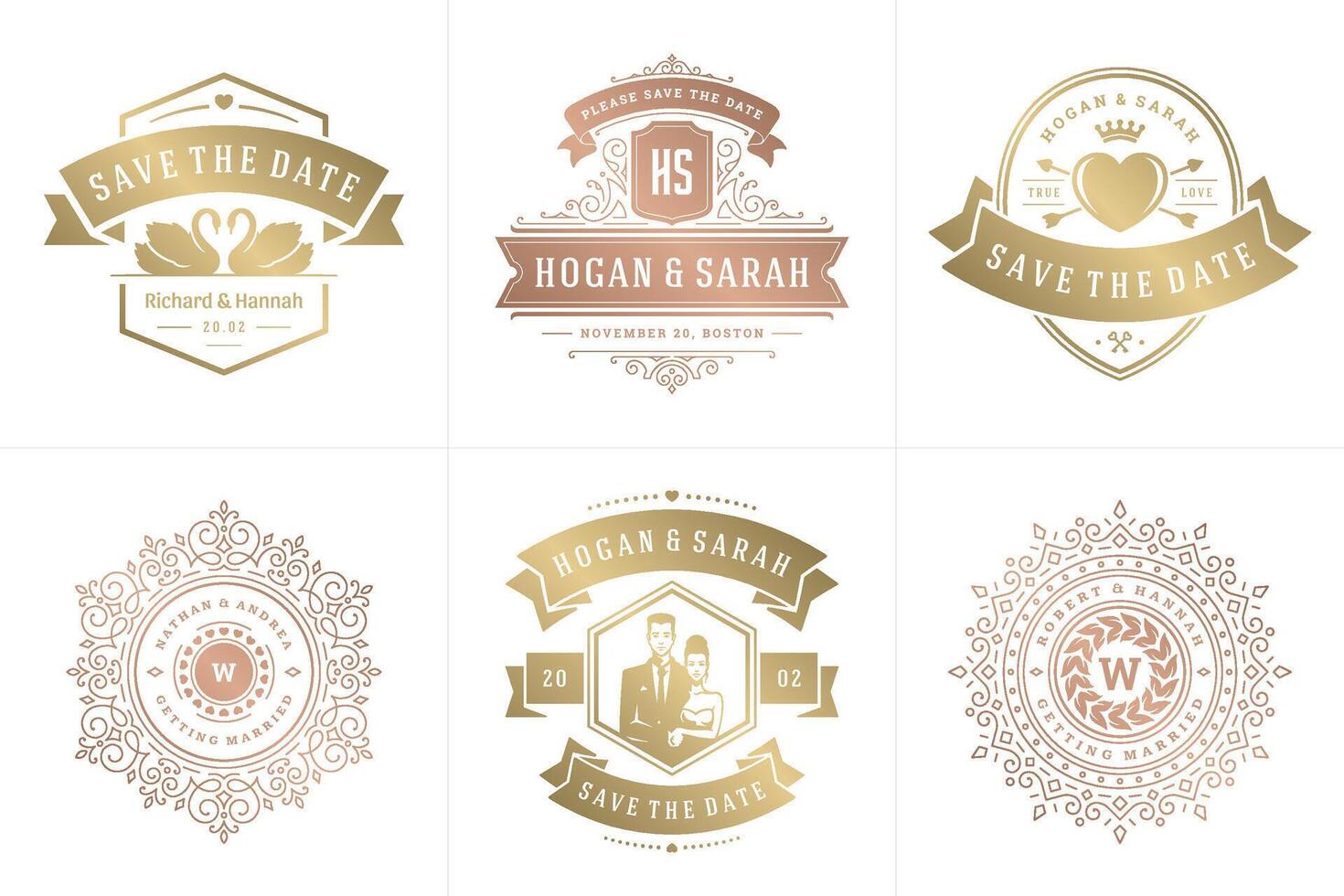 Wedding invitations save the date logos and badges elegant templates set vector