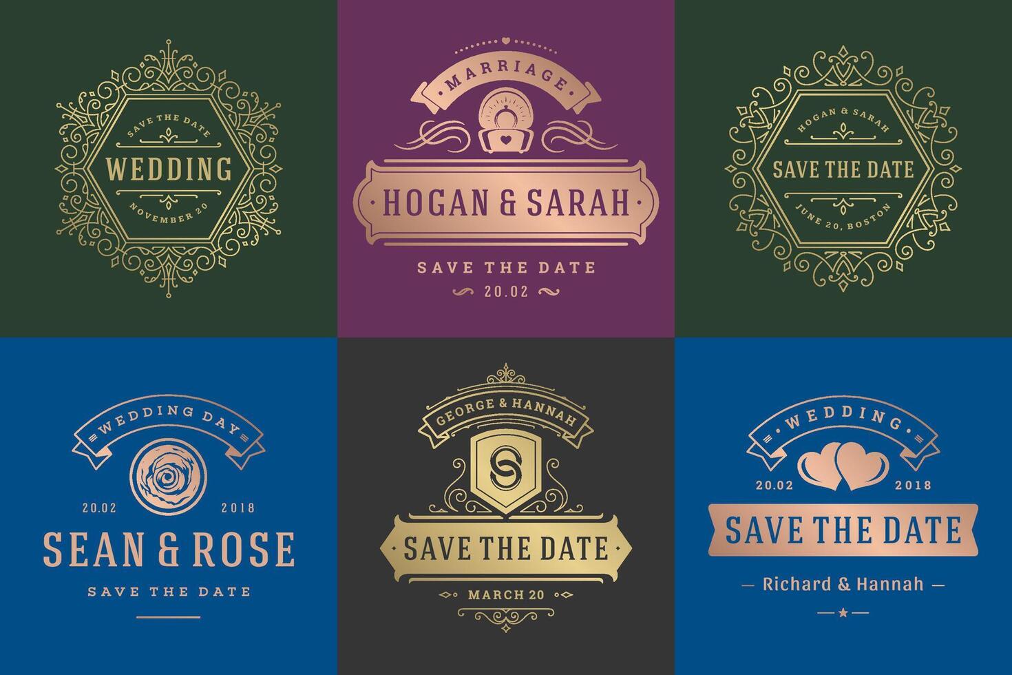 Wedding invitations save the date logos and badges elegant templates set vector