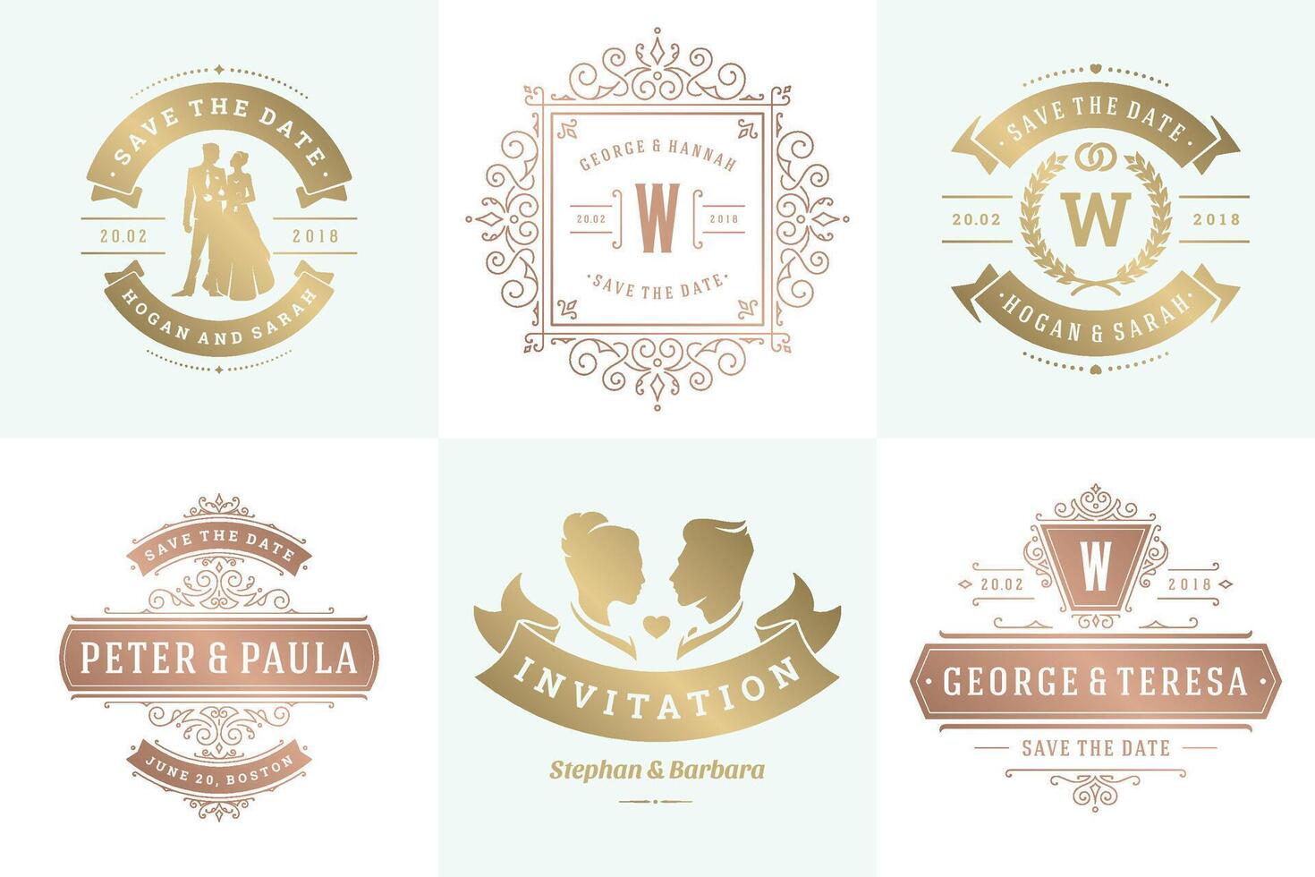 Wedding invitations save the date logos and badges elegant templates set vector