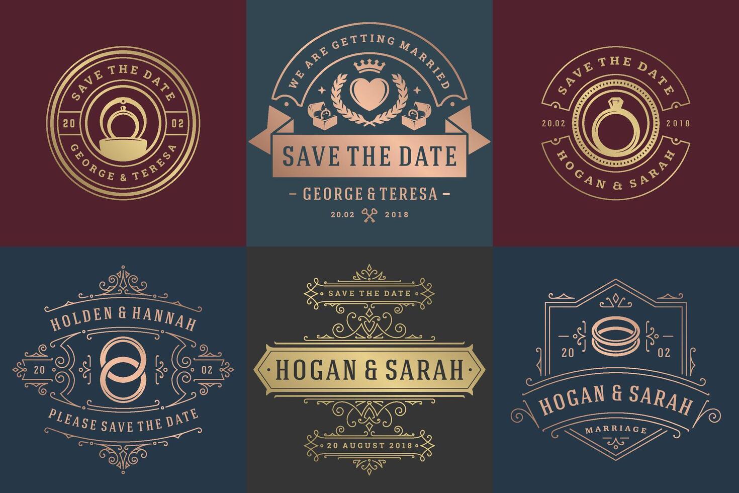 Wedding invitations save the date logos and badges elegant templates set vector