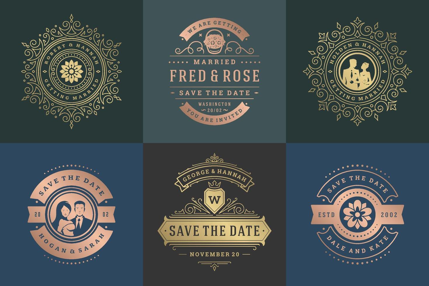 Wedding invitations save the date logos and badges elegant templates set vector