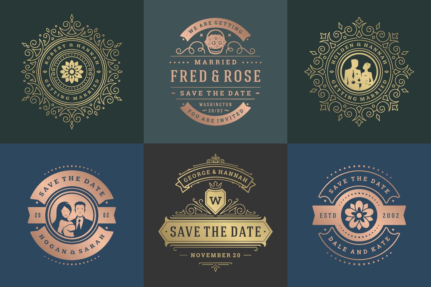 Wedding invitations save the date logos and badges elegant templates set vector