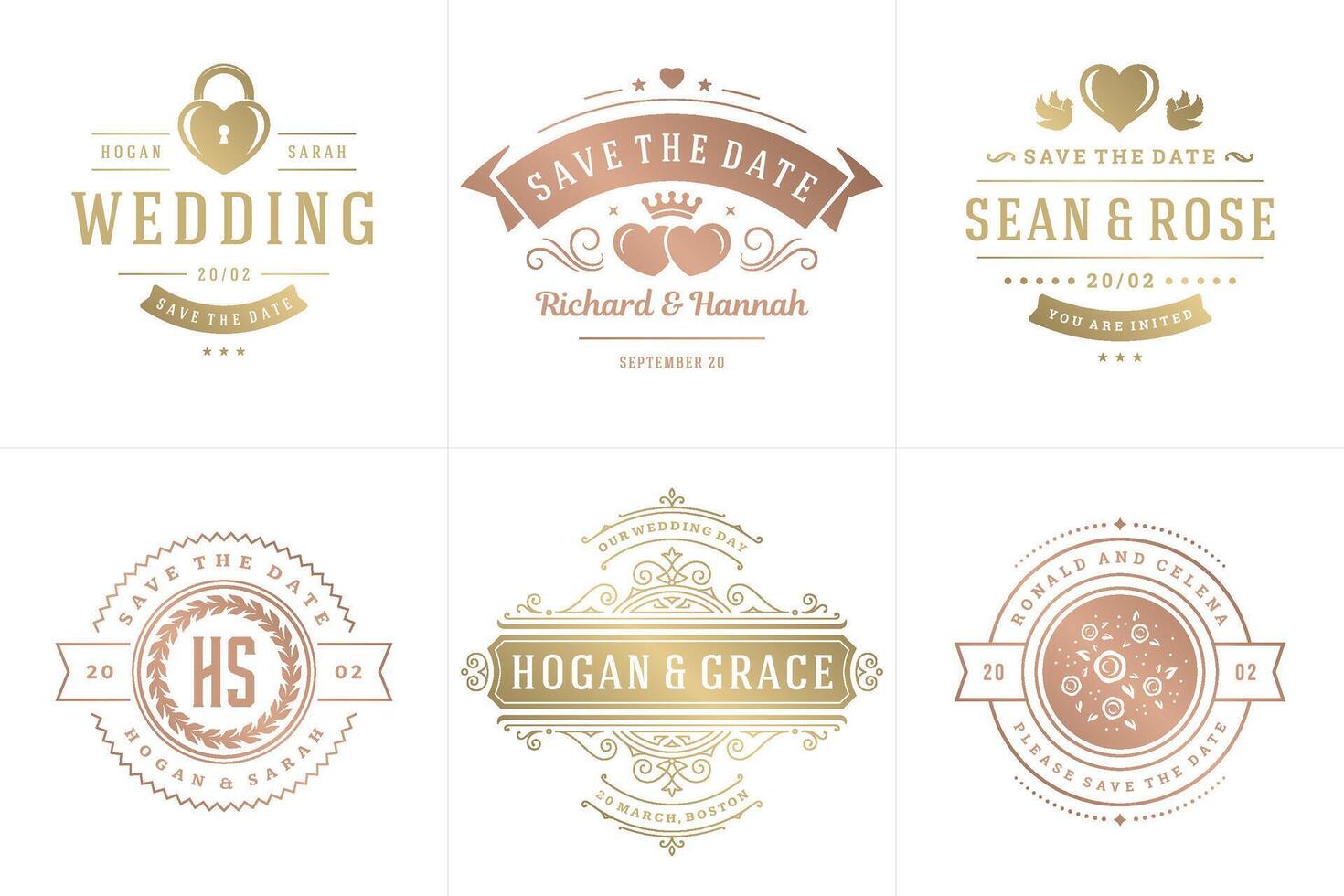 Wedding invitations save the date logos and badges elegant templates set vector