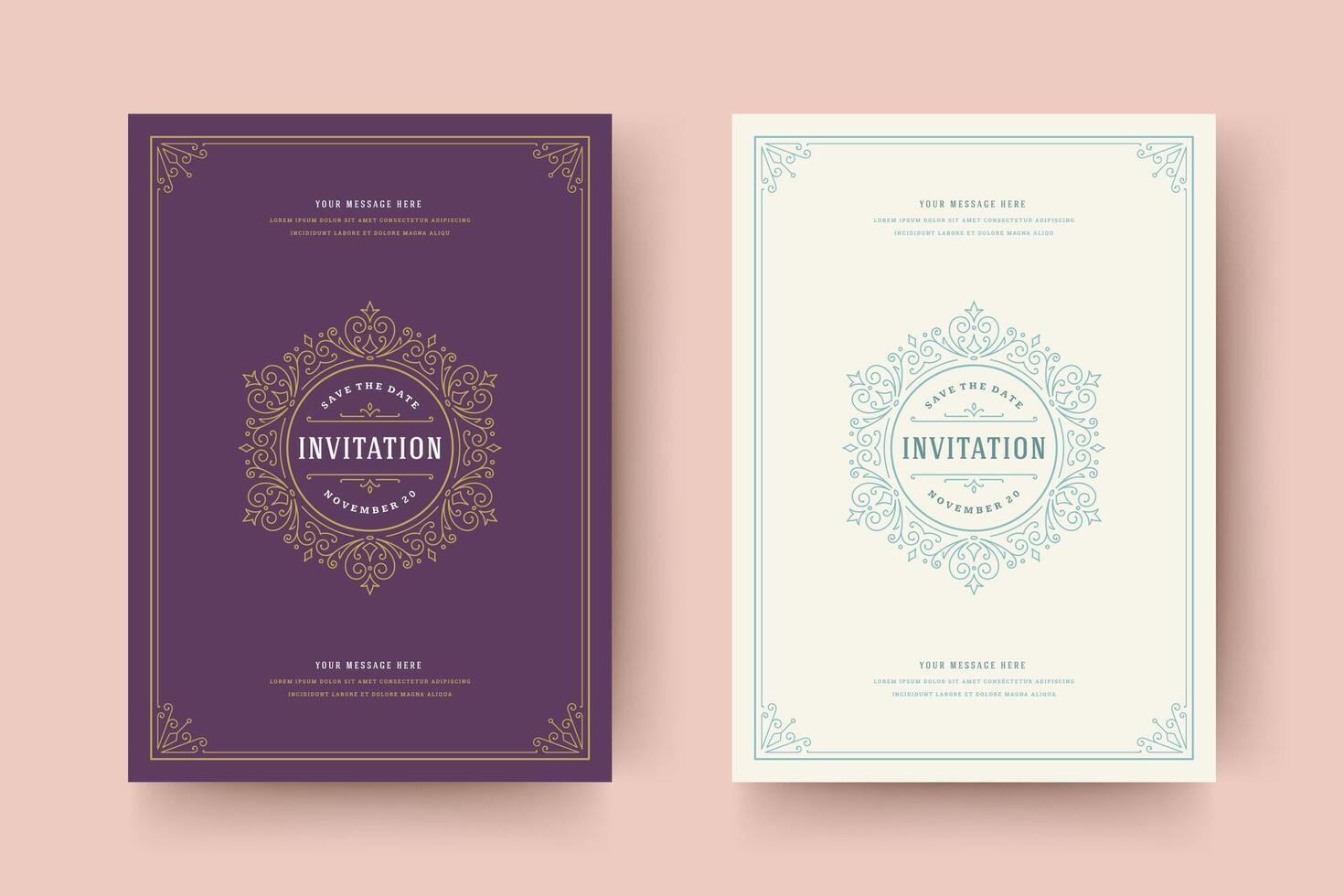 Wedding invitation save the date card template golden flourishes ornaments vignette swirls vector