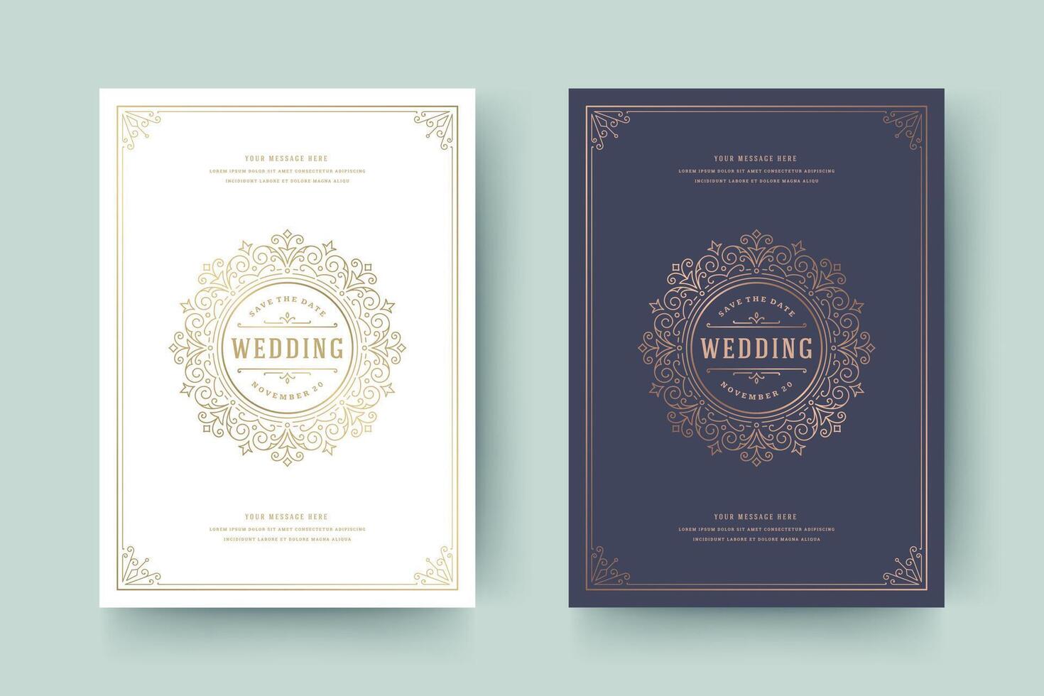 Wedding invitation save the date card template golden flourishes ornaments vignette swirls vector