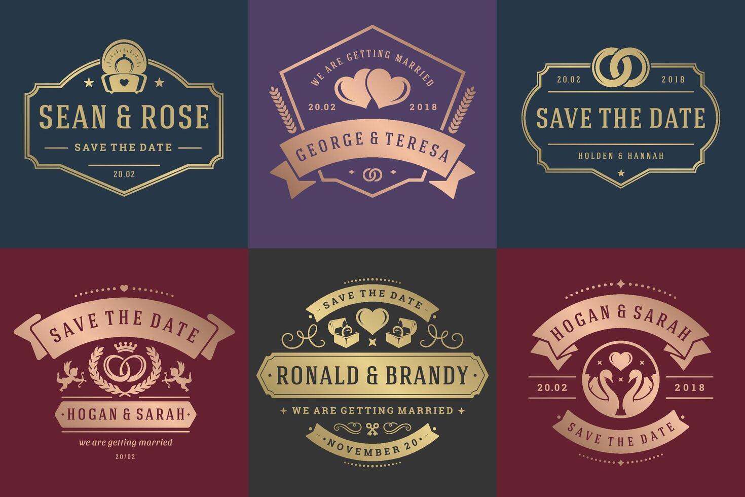 Wedding invitations save the date logos and badges elegant templates set vector