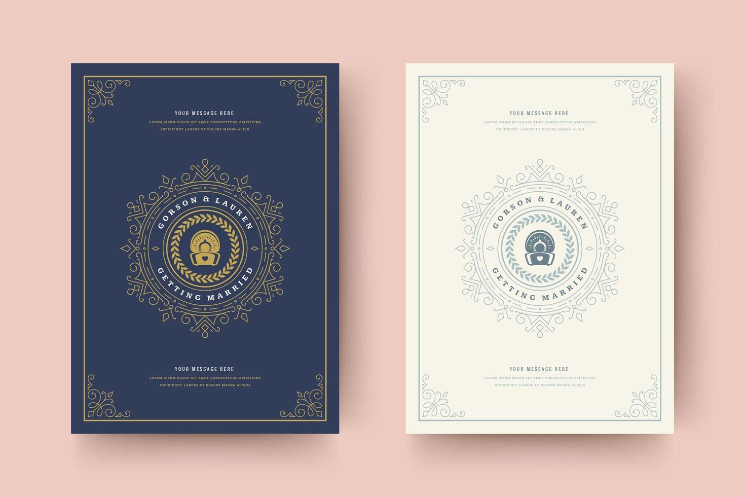 Wedding invitation save the date card template golden flourishes ornaments vignette swirls vector