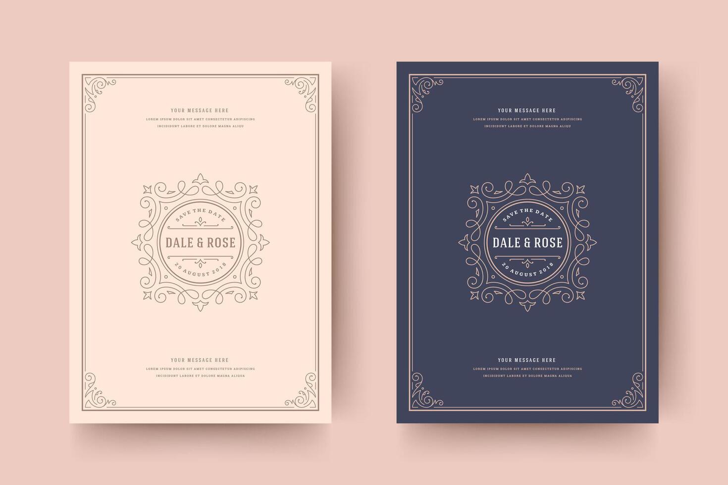 Wedding invitation save the date card template golden flourishes ornaments vignette swirls vector