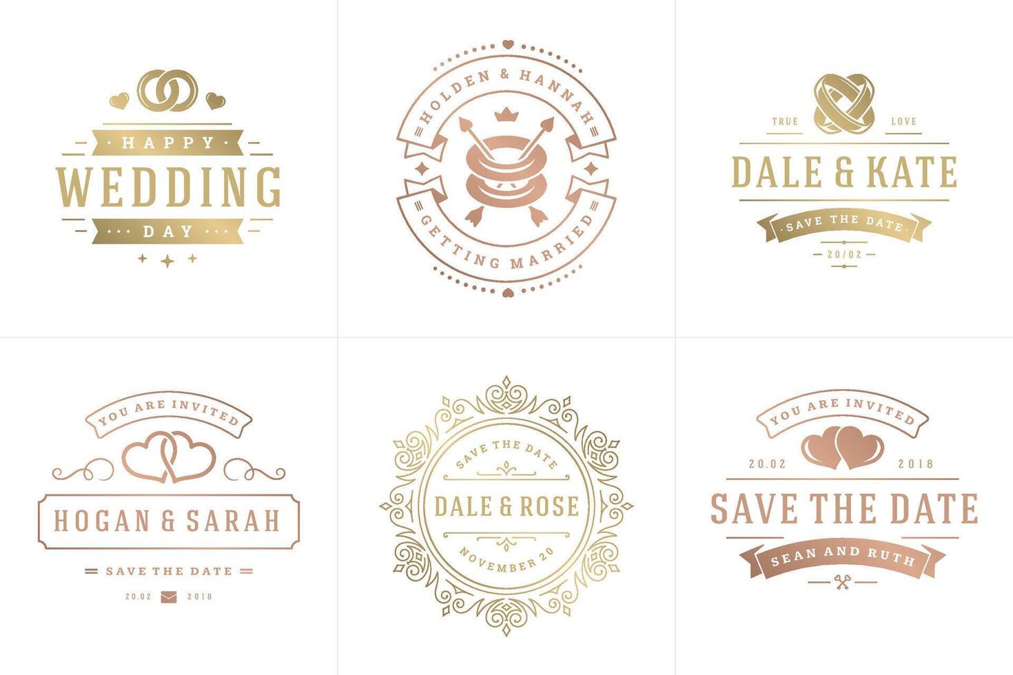 Wedding invitations save the date logos and badges elegant templates set vector