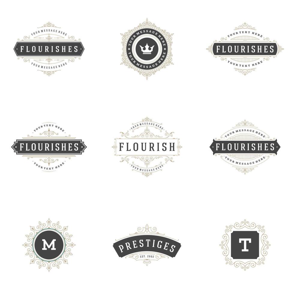 Royal Logos Design Templates Set, Flourish Calligraphic Elegant Ornament lines. vector