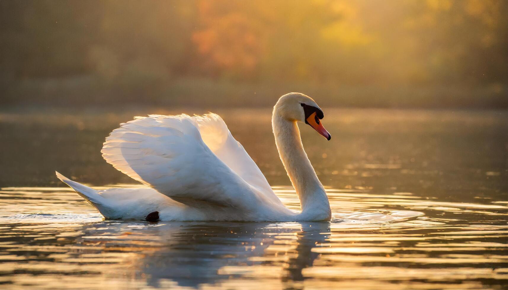 encantador cisne en agua en dorado hora foto