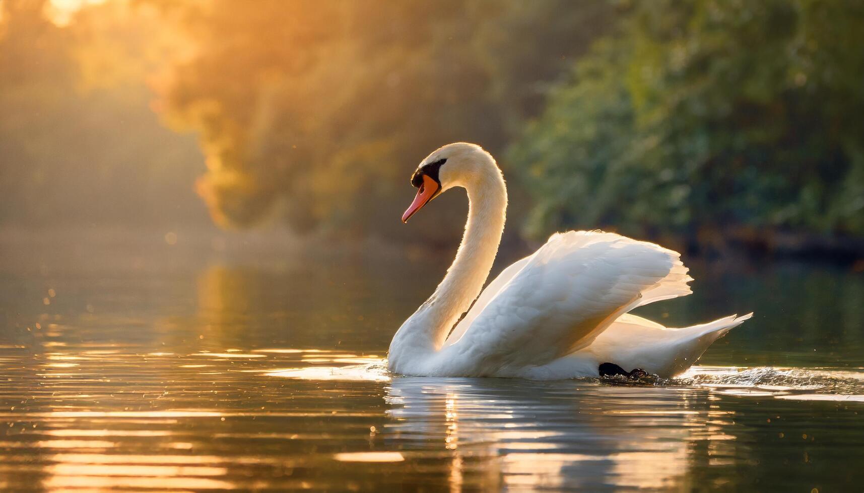 Lovely swan on water in golden hour and wide space for text photo