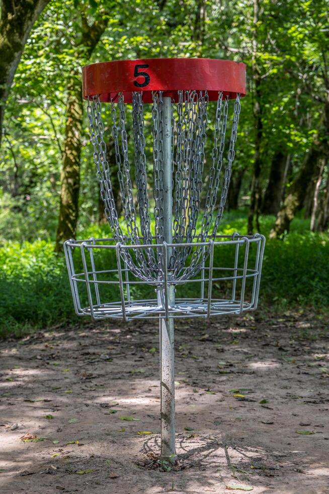 Disc golf basket closeup photo