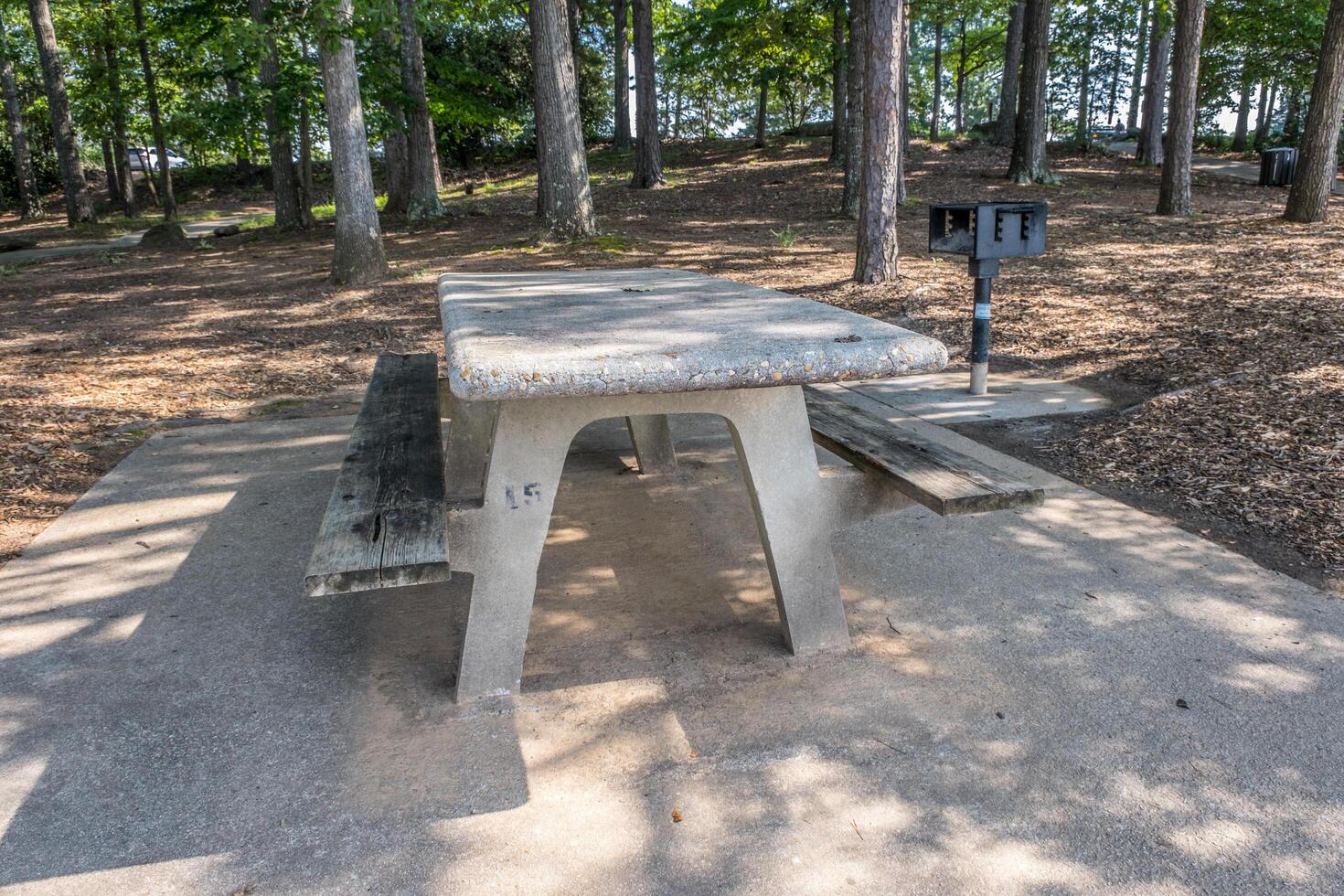 Picnic table and a grill in a park photo