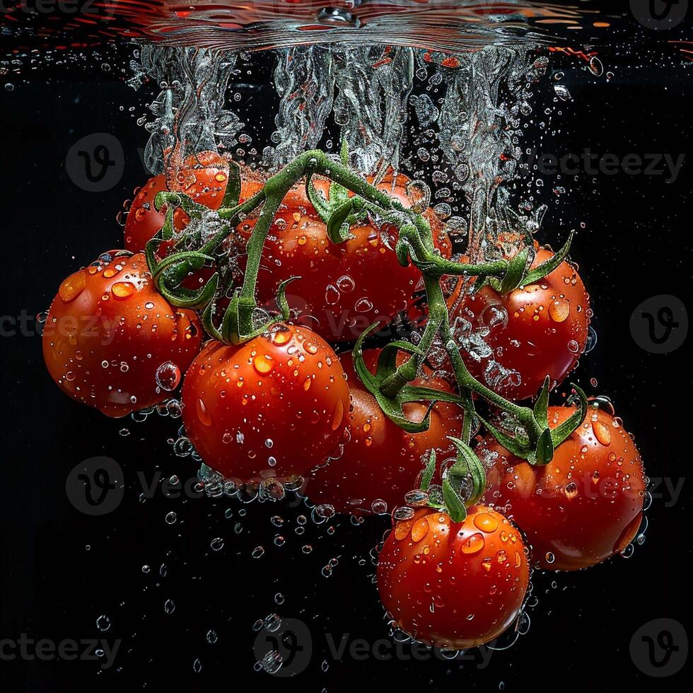 tomatoes falling in water with splash on black background. photo