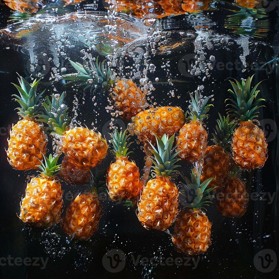 Pineapples falling in water with splash on black background. photo