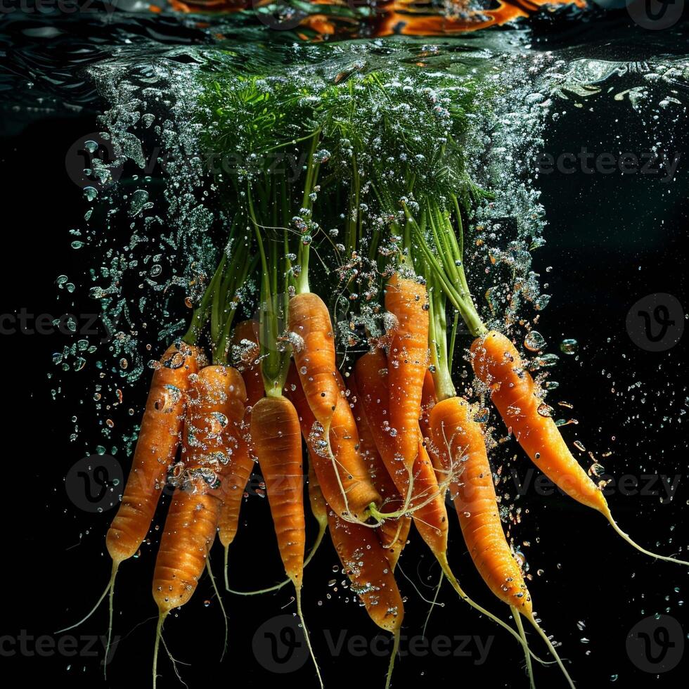 Carrots falling in water with splash on black background. photo