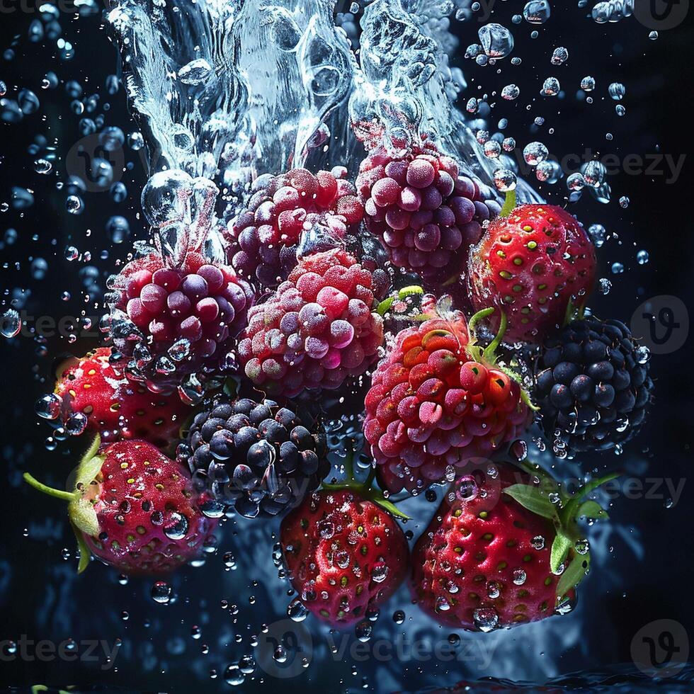 fresh fruits falling in water with splash on black background. photo