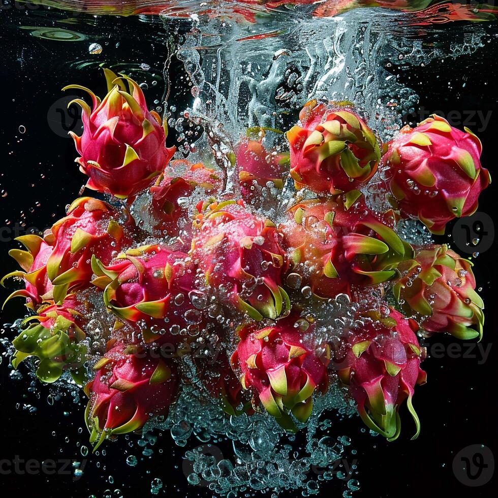 dragon eye fruits falling in water with splash on black background. photo