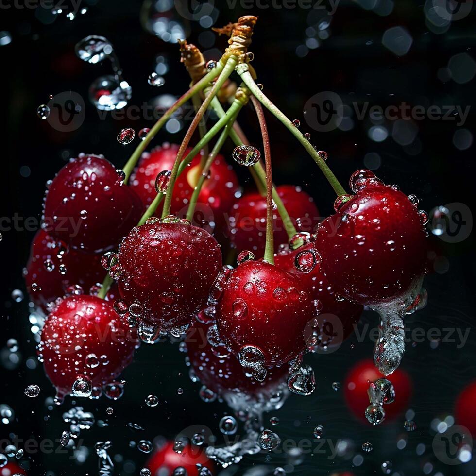 Cherries falling in water with splash on black background. photo