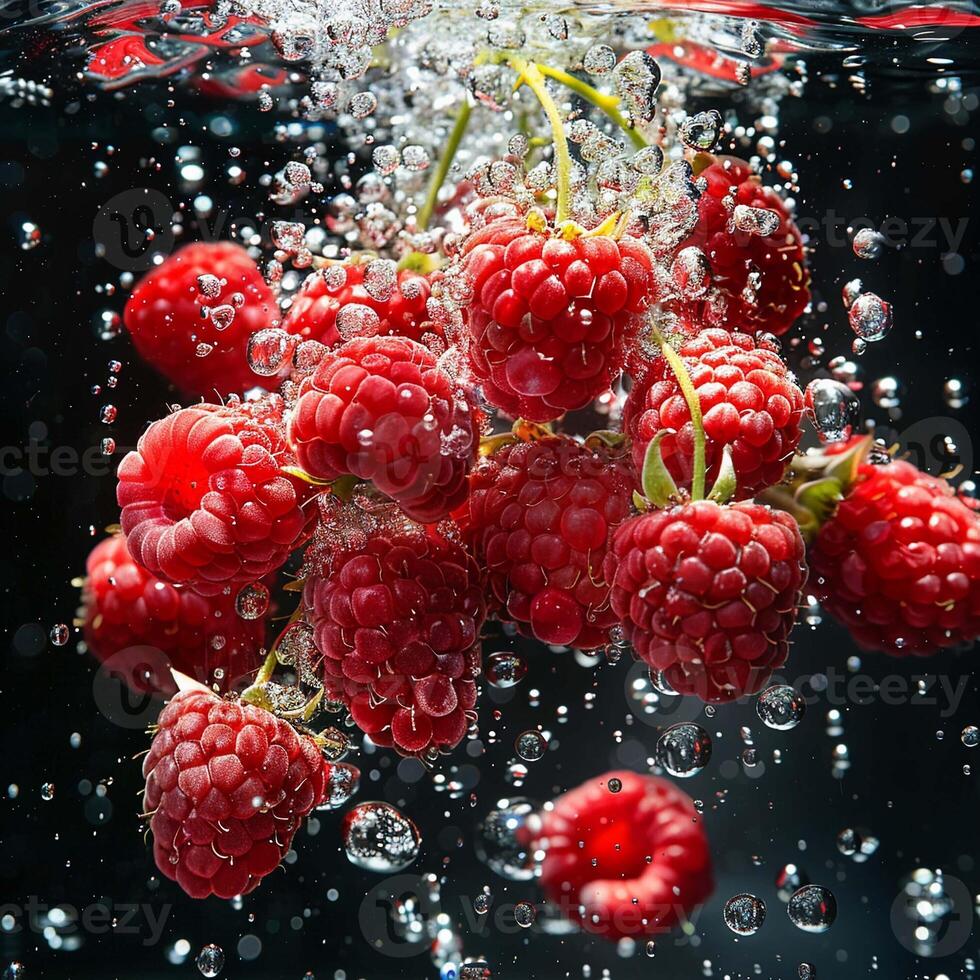 Raspberries falling in water with splash on black background. photo