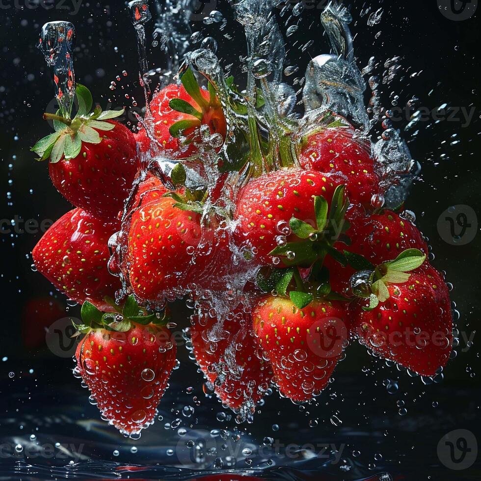 fresh strawberries falling in water with splash on black background. photo