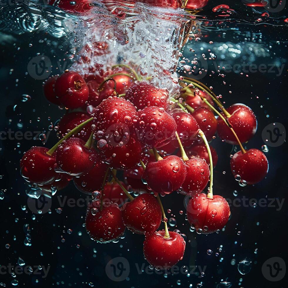 Berries falling in water with splash on black background. photo