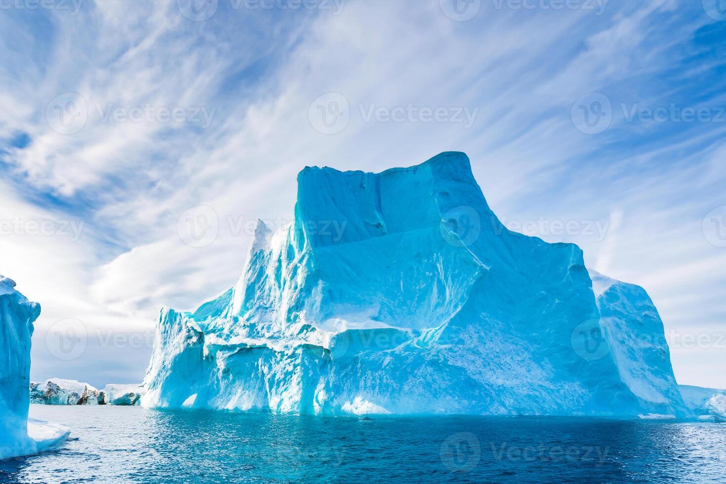 Majestic Ice Cliffs Crowned by a Cool Atmosphere, Framed by the Beautiful Sea and Sky, Conjuring a Harmonious Panorama of Nature's Icy Grandeur and Oceanic Splendor photo