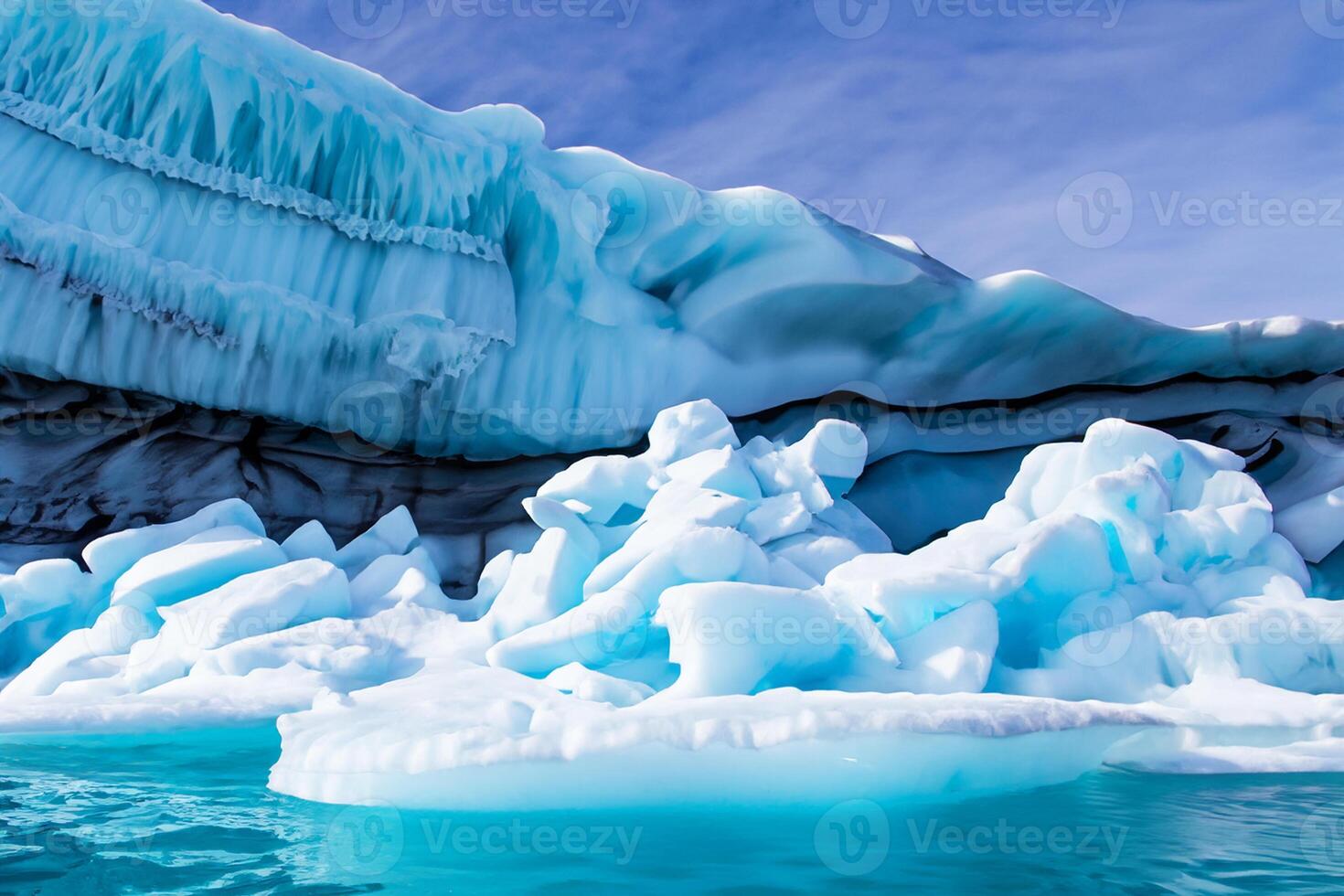 Majestic Ice Cliffs Crowned by a Cool Atmosphere, Framed by the Beautiful Sea and Sky, Conjuring a Harmonious Panorama of Nature's Icy Grandeur and Oceanic Splendor photo