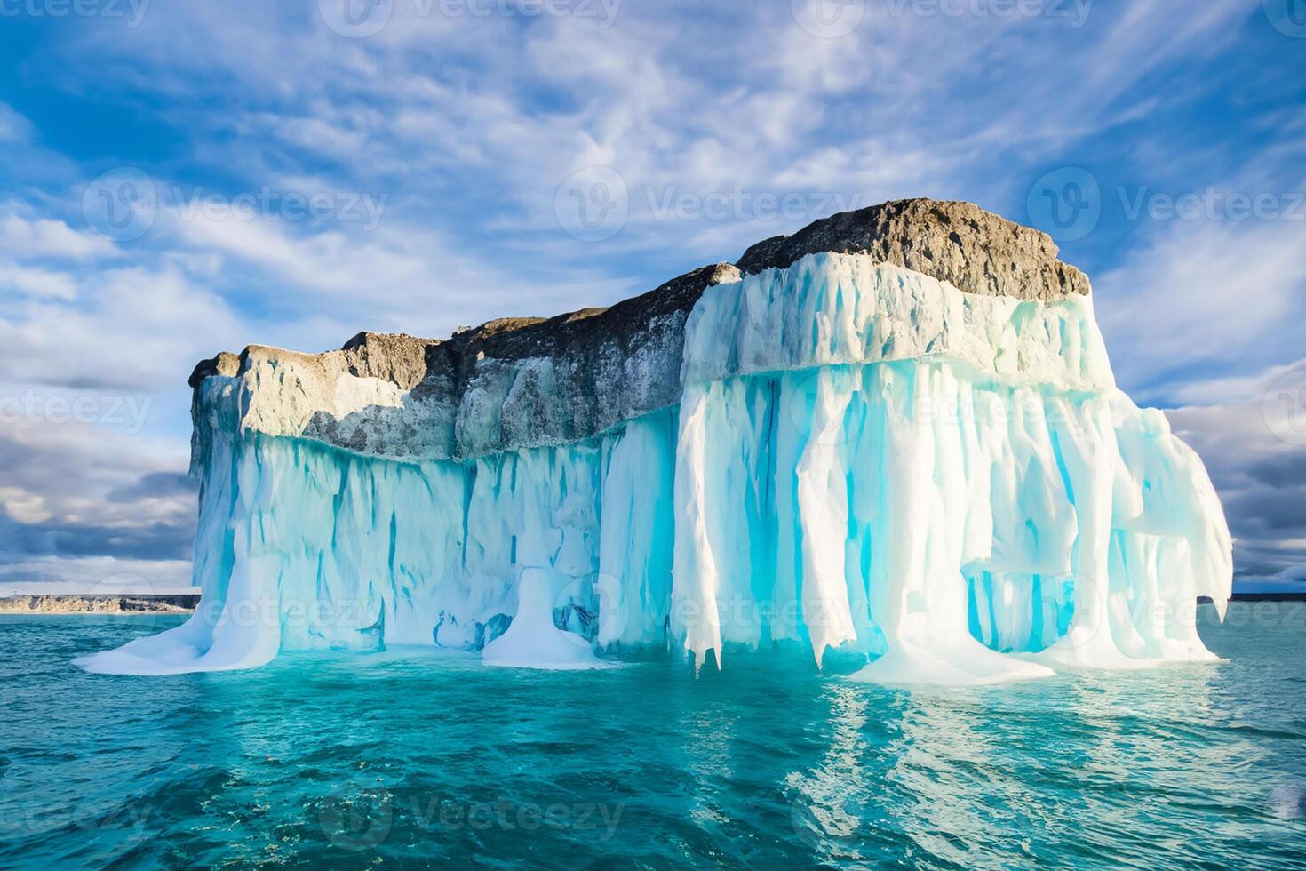 Majestic Ice Cliffs Crowned by a Cool Atmosphere, Framed by the Beautiful Sea and Sky, Conjuring a Harmonious Panorama of Nature's Icy Grandeur and Oceanic Splendor photo